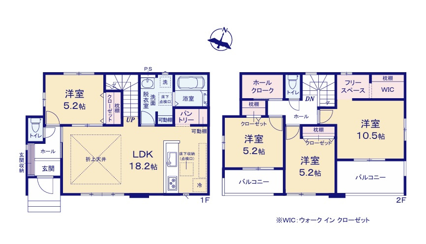 ケイアイフィット　常陸太田市西三町　1期 　2の間取り|　
☆家族の気配が感じられて安心できるリビング階段。全居室の他、洗面室に可動棚、2階ホールにも収納スペース配備。1階洋室2WAY出入り口でテレワークにも◎