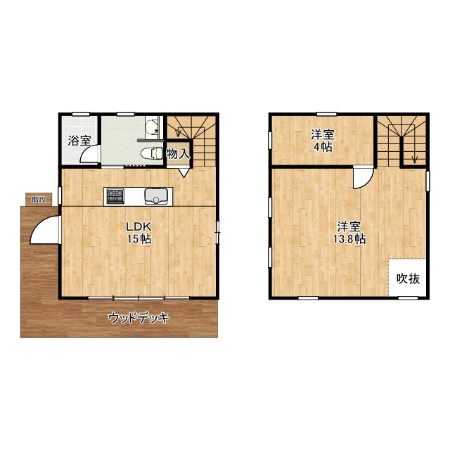 大槻町小山田　BESS施工の中古戸建て の間取り|【1SLDK】単身や2人暮らしにもおすすめの間取り！L字のウッドデッキが空間を広く見せてくれます！