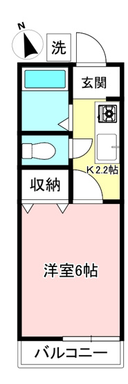 【間取り】 | ハイム愛花D | キッチン2.2帖・洋室6帖の1Kタイプのお部屋です☆はじめての一人暮らしにもぴったり♪なんと言っても最上階なのが嬉しい♪