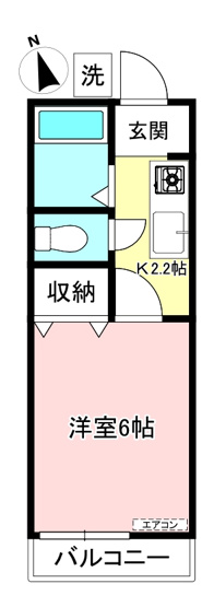 【間取り】 | ハイム愛花D | キッチン2.2帖・洋室6帖の1Kタイプのお部屋です☆はじめての一人暮らしにもぴったり♪なんと言っても最上階なのが嬉しい♪