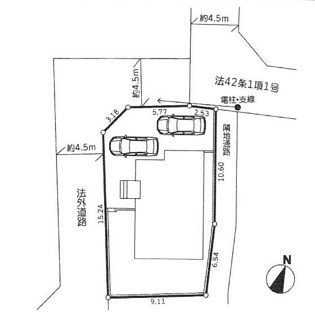 【区画図】 | 綾瀬市上土棚北2丁目  1号棟 3期 | 西側・北側約4.5ｍ法外道路（通行掘削承諾書有）、北側約4.5ｍ公道　駐車並列2台（車種によります）　敷地面積52.2坪
