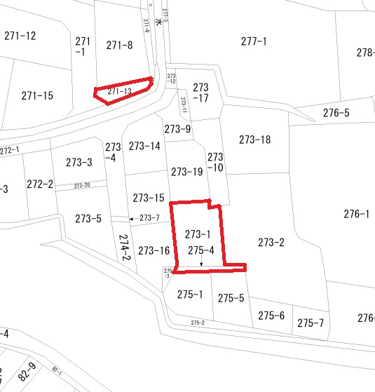 -三丁目不動産-  本庄市若泉1丁目　昭和54年築の区画図|飛び地（赤枠）の駐車場用地も含まれます。