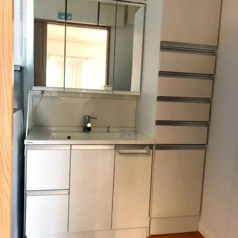 太田市西新町の独立洗面台|洗面台の下や鏡の裏にも収納可能ですっきりと♪