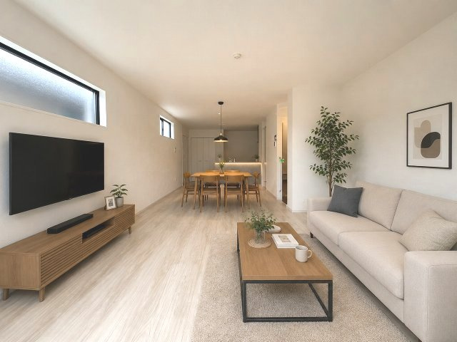 【居間・リビング】 | 大野城市雑餉隈町2丁目1期　2号棟（全2棟）【仲介手数料無料・0円】 | 現地写真。家具・家電等はCGによる配置例です。物件には含まれません