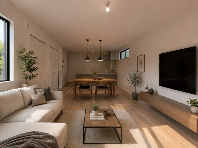 【居間・リビング】 | 福岡市博多区那珂1丁目1期　1号棟（全2棟）【仲介手数料無料・0円】 | 現地写真。家具・家電等はCGによる配置例です。物件には含まれません