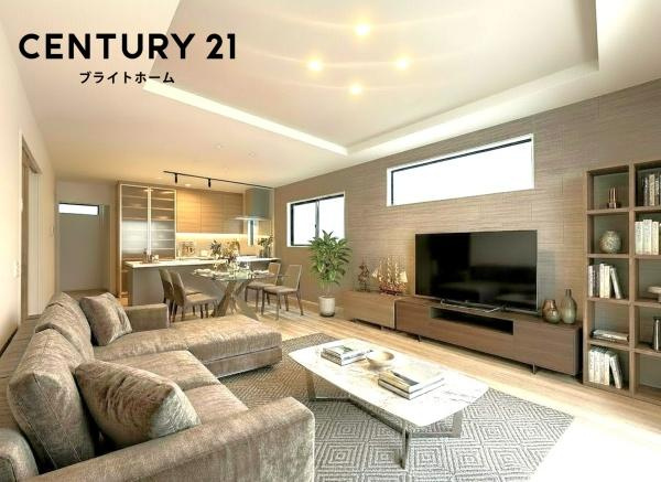 横浜市青葉区あざみ野南４丁目の新築一戸建の居間・リビング|自慢したくなるリビング！
形も良く家具の配置にも困りません。
※家具等はＣＧでの参考レイアウトです。