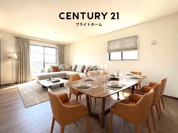 横浜市南区永田北３丁目の新築一戸建の居間・リビング|窓からは明るい光が差し込みます！
電気をつけなくても明るいです。
※家具等はＣＧでの参考レイアウトです。