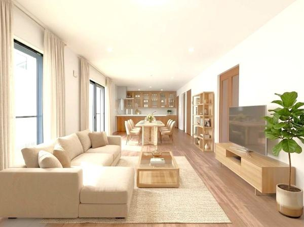 横浜市泉区和泉中央北２丁目の新築一戸建の居間・リビング|自慢したくなるリビング！
形も良く家具の配置にも困りません。
※家具等はＣＧでの参考レイアウトです。