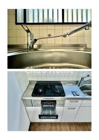 江戸川区南小岩1丁目中古住宅のキッチン|【キッチン水栓】キッチン水栓はシャワーヘッドが伸びますのでシンクの隅々まで届きます。【三ツ口コンロ】奥様に好評な三ツ口コンロと魚焼きグリルです。