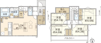 4LDKの間取り。1階の約17帖LDKは開放感があります。