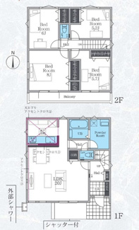 【間取り】 | 平塚市袖ケ浜  1号棟 4期 | 4LDK　都市ガス　網戸標準仕様　シャッター1箇所付　二部屋から行き来できる南向きバルコニー　食洗器・浄水器　浴室乾燥機+窓　外シャワー　全居室収納　リビング収納　LDK20帖　メイン洋室8帖