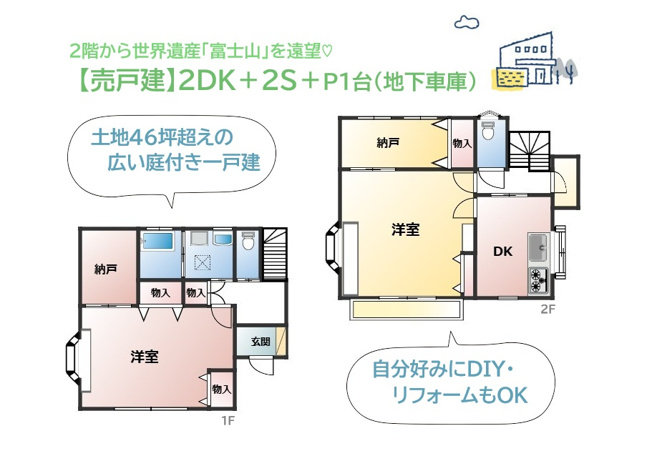 【間取り】 | アウトドアリビングが満喫できる土地46坪超えの広い庭付き一戸建て◎
２階から世界遺産「富士山」を遠望！
大切なお車を状態良く維持できる、高台立地の地下車庫付きのガレージハウスです♪
