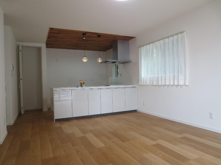 【南東角地☆】香南市野市町父養寺　未入居一戸建ての居間・リビング|下がり天井＆ペンダントライトが印象的☆おしゃれで心地よいLDK☆
