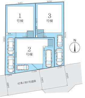 【区画図】 | 平塚市袖ケ浜  2号棟 4期 | 2号棟　南道路　南側約5.8ｍ～約5.9ｍ公道　駐車2台（車種によります）　敷地面積30.6坪
