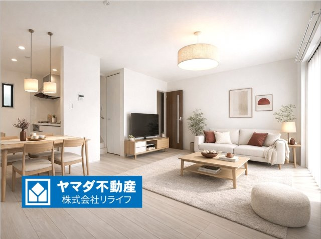 【商談中】リーブルファイン　岐阜市西川手　全4区画分譲の居間・リビング|※家具はCGによるイメージ　明るい日差しをふんだんに取り込んだリビングダイニングは家族の笑顔につつまれた素敵な空間になります。