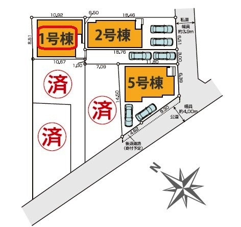 清瀬市元町2丁目・全6棟　新築一戸建　1号棟の区画図|【全6棟・1号棟】土地面積148.53平米（約44.93坪）