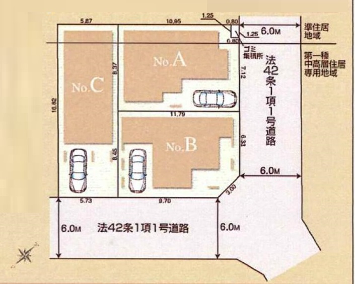 練馬区豊玉南2丁目 全3棟 A号棟の区画図|南東側約6.0ｍ×北東側約6.0ｍ公道に面する角地を含む全3棟