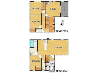 【間取り】 | 【築5年】中古一戸建　金光町占見新田　4LDK | 16帖の広々LDKを中心に、全居室収納を備えた機能的な4LDK。玄関のSICや2階の大型WICなど収納力に優れ、お部屋をスッキリ保てます。生活動線が良く、家族の団らんと個人の時間を両立できる設計です。