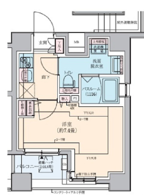 ロアール蒲田弐番館の間取り|洋室7.4帖の1K