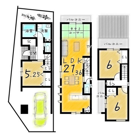 太秦一ノ井町　新築参考プランB　建築条件付土地の土地図＋建物プラン例|【土地2000万円　建物1999万円　建物面積90.06㎡】