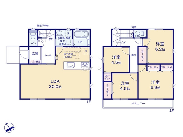 知立市八橋町的場83番地1『仲介手数料無料』新築一戸建て・建売の間取り|　1号棟　1F:LDK20帖！2F:主寝室6.9帖・洋室6.2帖・洋室4.5帖・洋室4.5帖　CL設置♪南面ワイドバルコニー♪