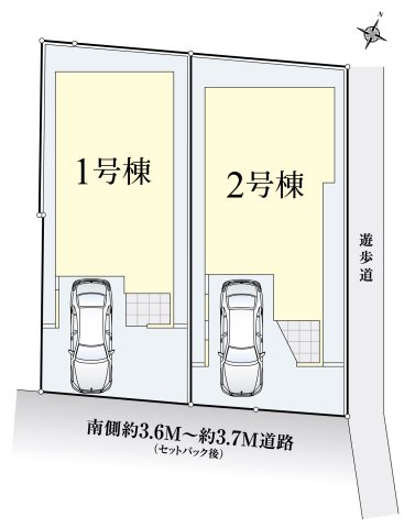 杉並区成田東1丁目 全2棟 1号棟の区画図| 【南側約4.0ｍ道路×東側通路】
陽当り・風通し良好です
前面道路は車の往来が少なく小さなお子様にも安心の立地です