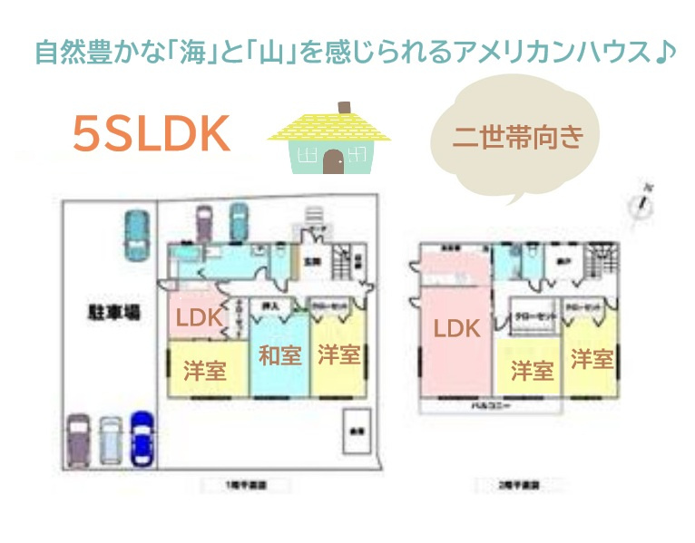 中郡二宮町百合が丘1丁目　中古戸建　137.71坪の間取り|二世帯向きお住まいで各階に「キッチン」や「浴室」が２ヶ所あります◎
全居室南向き！カースペースは充実の6台！