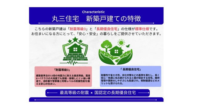 ハピレハウス天美パート1のその他|「最高等級の耐震 × 国認定の長期優良住宅」
耐震等級3の最高レベルの強さと、国認定の長期優良住宅基準を満たした安心の住まい。大地震に強く、将来まで快適に住み続けられる高性能住宅。
