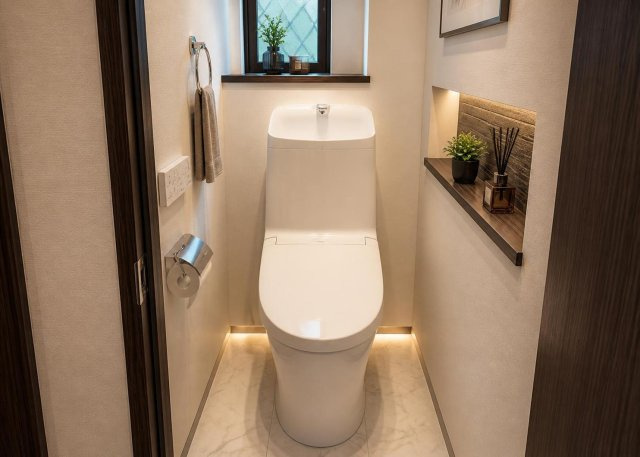 【トイレ】 | 館内2ヶ所に配置されたトイレには温水洗浄便座や節水型トイレを採用しており、経済的かつ衛生的にご使用いただけます。小窓からの換気も可能で、掃除がしやすい爽やかで快適なプライベート空間に仕上がっています。