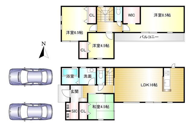 橿原市常盤町第1期 ２号棟 の間取り|4LDK　土地面積：165.38㎡　建物面積：100.19㎡　駐車スペース2台