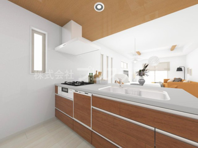 【キッチン】 | 奈良市あやめ池南２丁目の新築一戸建 全２区画 | １号地キッチン完成イメージ／人気のフルフラットキッチン♪食器洗い乾燥機＆浄水器を標準装備！