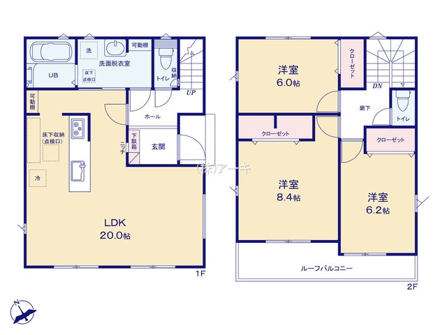 知立市八橋町的場83番地1『仲介手数料無料』新築一戸建て・建売の間取り|　2号棟　1F:LDK20帖！キッチン可動棚♪ゆとりの洗面室♪2F:主寝室8.4帖・洋室6.2帖・洋室6帖　CL設置♪南面ワイドバルコニー♪