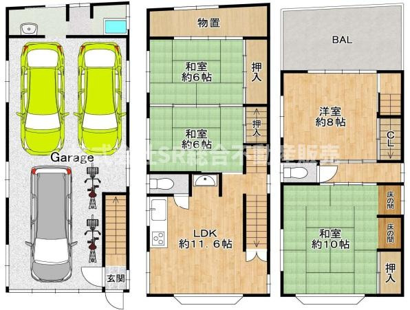 若江本町3丁目中古戸建の間取り|住居部分は全居室6帖以上と広くゆったりめ設計♪