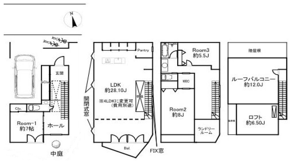杉並区高円寺南2丁目　築浅中古住宅の間取り|現況間取りです。LDK部分を仕切れば約6帖の1部屋で4LDKに変更も可能(費用別途)です。