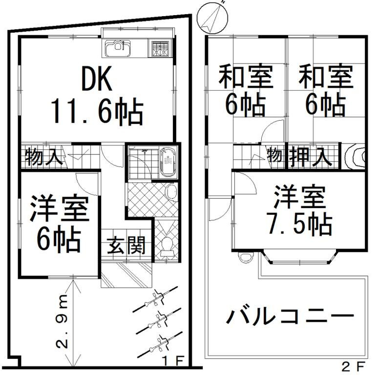 寝屋川市三井南町貸家の間取り