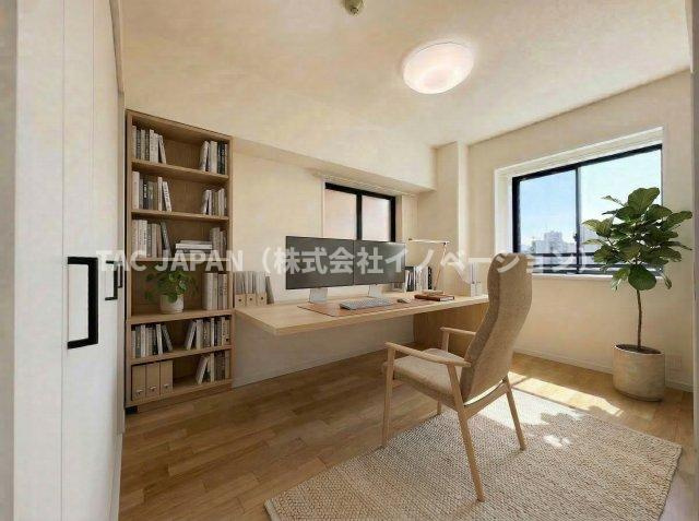 ネバーランド上野松が谷の洋室|大きなクローゼットでスッキリお使いいただけるリビング横の洋室（約6.0帖）。全てのお部屋に収納があり広さを問わず快適にお過ごしいただけます。
※CGによりワークスペースに装飾しています。