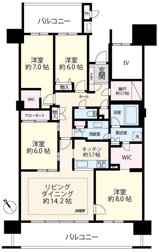 居室のプライバシー性と開放感を高める両面バルコニーのある間取