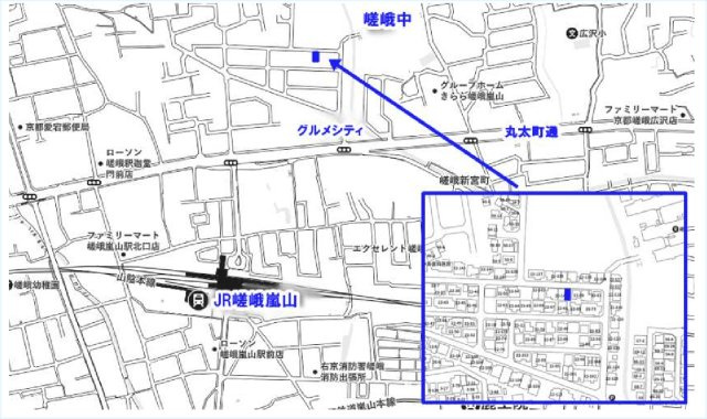 JR嵯峨嵐山駅徒歩7分　駐車可　閑静な住宅街の中古戸建の地図|全居室収納付きの使いやすい3DKの間取り。中型車駐車可能なガレージ付きで、ご家族での居住にも適した住まいです。