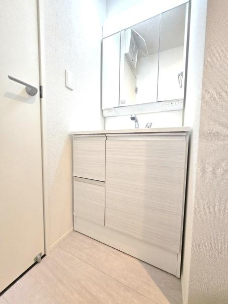 横浜市青葉区藤が丘２丁目の新築一戸建の独立洗面台|お化粧もしやすい三面鏡付き独立洗面台、
収納もしっかりあり、洗剤などもしまっておけます。


