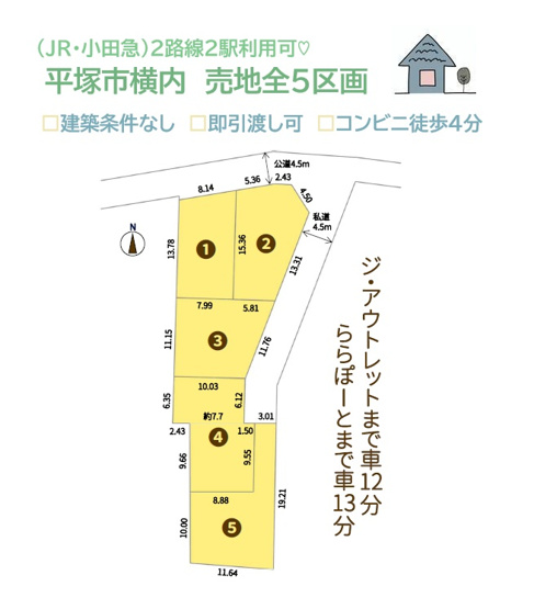 【土地図】 | 間取りも制限されにくく、開放感あふれる２方（北・東）角地◎　
小・中学校近く、コンビニ（徒歩４分）暮らしやすい住環境にございます♪