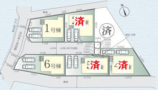 【区画図】 | 藤沢市高倉  6号棟 7期 | 6号棟　角地　北西側約4.0ｍ公道（セットバック済）・北東側約4.5ｍ開発道路（公道）　駐車並列2台（車種によります）　敷地面積36.3坪