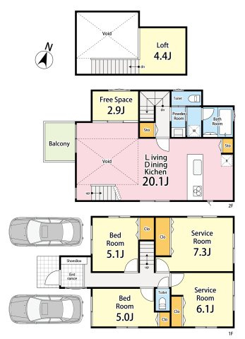 ＜LIBERi リーベリー＞練馬区田柄4丁目　土地32坪×建物32坪　大型邸宅の間取り|2LDK+3S+パントリー+ロフト(固定階段式)+カースペース2台分　敷地面積 107.86ｍ2　建物面積 107.73ｍ2