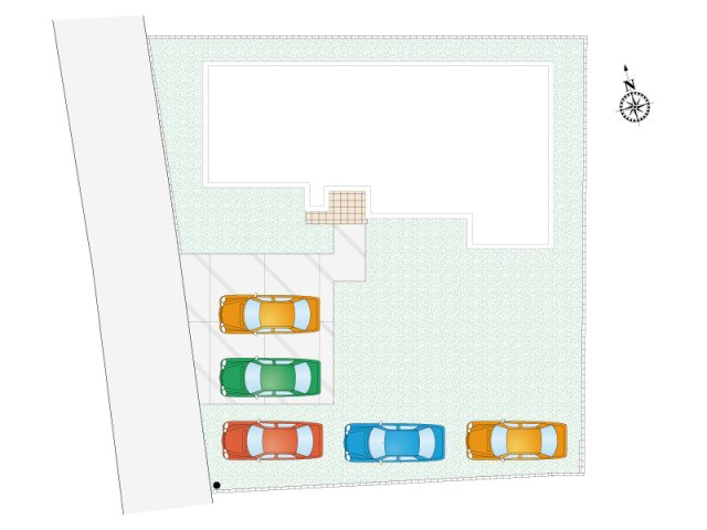 【2号棟:区画図】駐車5台可能。駐車スペースは複数台の駐車も可能で、ご家族や来客にも便利です。