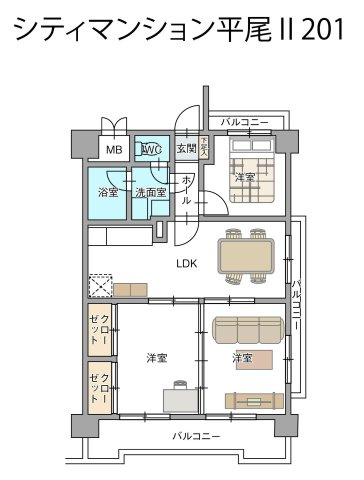 【間取り】 | シティマンション平尾Ⅱ | 全室バルコニーに面した明るいお部屋で換気や採光ばっちりです！