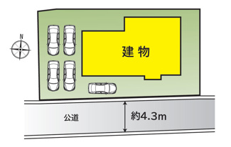 【区画図】 | 甲斐市竜王 内外装一新 南道路 敷地74坪 車5台 | 南道路で日当り良好　カースペースは並列2台×2列+1台