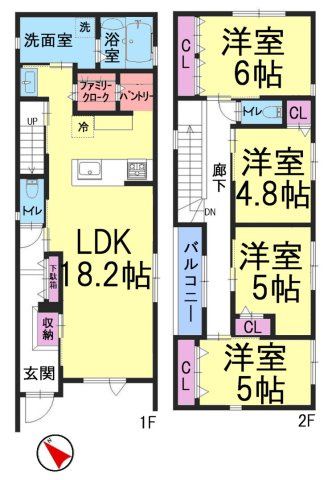 神戸市西区枝吉２丁目　新築戸建　の間取り|【ホームページに現地動画掲載中】●年中無休：当日予約可●LDK18.2帖！2階は4部屋洋室があります