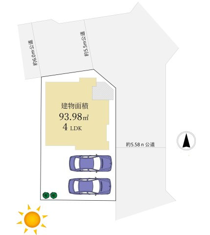 練馬区西大泉2丁目 限定1棟の区画図|建物面積93.98m2 開放感あふれる角地に誕生します
ゆとりある敷地
2階建て4LDK+カースペース2台