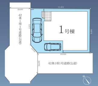 【区画図】 | 南区栄町  1号棟 3期 | 角地　南西側約4.0ｍ・北西側約4.0ｍ各公道　駐車2台（車種によります）　敷地面積29.1坪