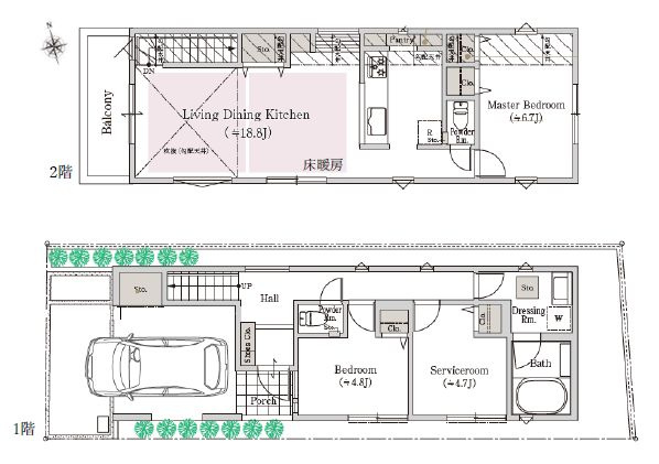 【間取り】 | 杉並区下井草３丁目　新築戸建て　２号棟 | 木目を基調とした開放的なリビングはご家族でまったり寛げる空間