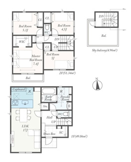 【間取り】 | 平塚市横内  1号棟 第1 | 4LDK　屋上バルコニー+南向きバルコニー　網戸標準仕様　シャッター1箇所付　食洗器・浄水器　カップボード　浴室乾燥機　室内物干し　宅配BOX付機能門柱　全居室収納（WIC1箇所）　SC　LDK17帖